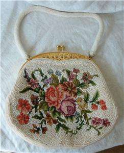Vtg Micro Beaded Hand Bag Purse Petit Point Tapestry Floral Flowers 