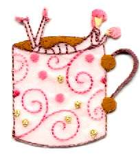 COFFEE CUP, WITH PINK LADY EMBROIDERED IRON ON APPLIQUE  