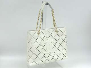 Auth CHANEL Punching Enamel Chain Shoulder Bag White A24553  