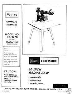  Craftsman Radial Arm Saw Manual Model # 113.19770  