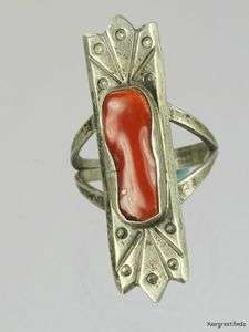   SOUTHWESTERN TRIBAL TUFA CAST STERLING SILVER RED CORAL RING  
