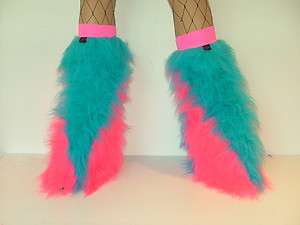   TURQUOISE HOT PINK FLUFFY LEGWARMERS FANCY DRESS RAVE BOOTS COVERS