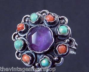   MEXICAN SILVER ALVARADO MATL STYLE AMETHYST TURQUOISE CORAL RING 15459