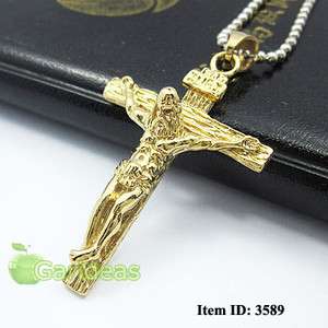 Mens Stainless Steel Gold Jesus Cross Chain Pendant Necklace Cool 