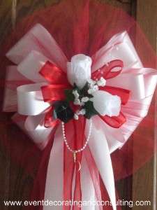 WHITE ROSES RED TULLE Satin Rib Pew Bows for Weddings  