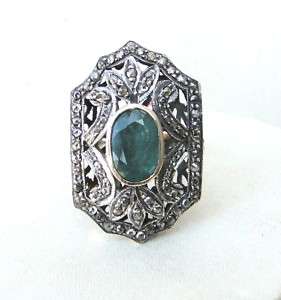 VICTORIAN DIAMOND NATURAL EMERALD GOLD SILVER RING IND  