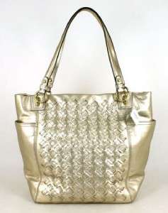 COACH Metallic Gold Woven Leather North South Slouch Tote Authentic 