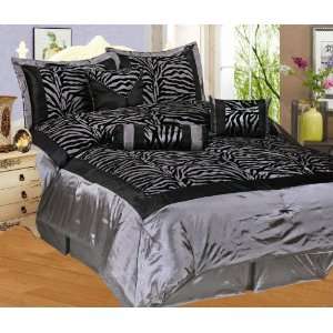   Black/Grey Flocking Zebra Pattern Comforter Set King
