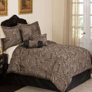   Gold And Black Damask King Comforter Set With Decorative Pillows
