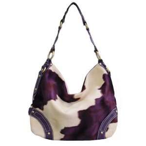  Cream & Purple Cowhide Faux Fur Handbag w/ Antique Gold 