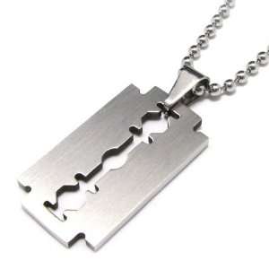   Steel Razor Blade Brushed Metal Pendant with Ball and Chain Necklace