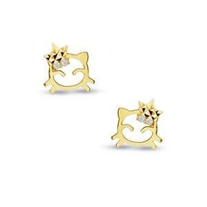 Cubic Zirconia Kitty with Star Stud Earrings in 10K Gold CZ EARRINGS
