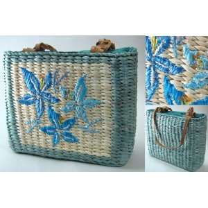  Blue ~ Woven Straw Flower Handbag ~ Beach tote Everything 