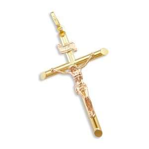  14k Yellow n Rose Gold Tube Cross Crucifix Pendant 2.5 