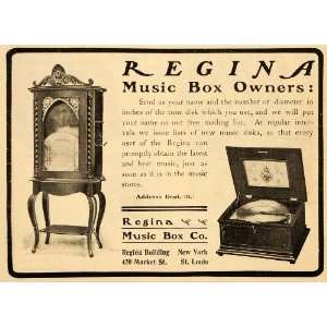  1901 Vintage Ad Regina Music Box Cabinet Disks Antique 