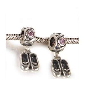 925 silver DANCE BALLET SLIPPERS Dangle charm bead with PINK Zirconia 