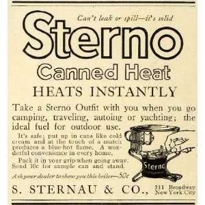 1915 Ad S Sternau Co Canned Heat Outdoor Cookware Kitchenware Vintage 