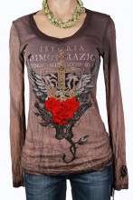 Velvet Stone Long Sleeve Crown and Roses Distressed Brown  