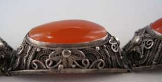 Antique Chinese Export Silver Filigree Carnelian Agate Bracelet Signed 