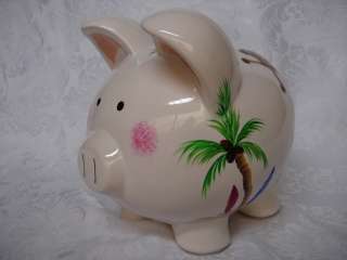 Hand Painted Piggy Bank Palm Trees & Monkey Add a name  