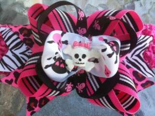Baby Girls Pink Skulls Boutique Hair Bow on a Headband  