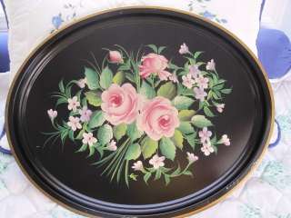 Huge Genuine Hand Painted Antique Toleware Tole Tray * Pink Cabbage 