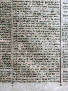   Civil War newspaper BATTLE o WINCHESTER Virginia SHERIDAN Early  