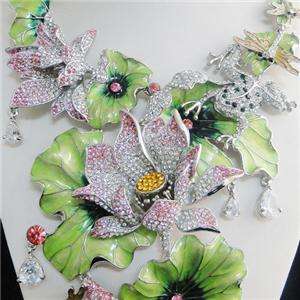 Water Lily Lotus Leaf Frog Crystal Dragonfly Drop Necklace Earring Set 