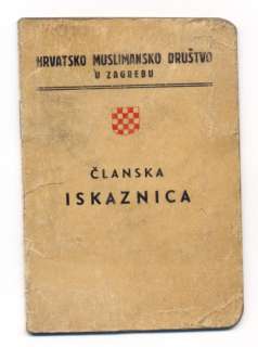 CROATIA/ Member Card *Muslim Union in Zagreb NDH  WWII  