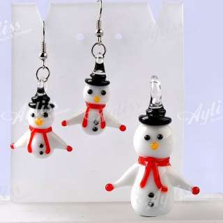  Lampwork Glass Snowman Bead Pendant Dangle Earring Set Christmas Gift