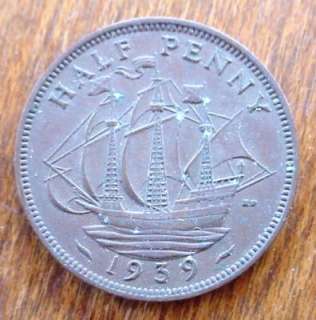 NIce 1939 HALF PENNY British COIN King George VI Ship  