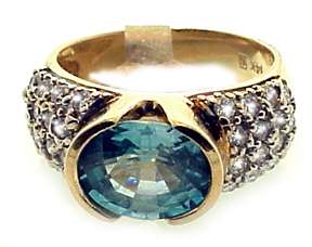 Vintage 14k Gold Diamond & Blue Zircon Ring 3.25 Ct. VS Calrity .80 Ct 