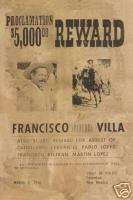 Pancho Villa Mexican Revolution War Old Reward Poster  