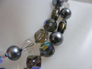Vtg 50s 2 Strand Grey Pearl GLASS Bead AURORA BOREALIS Beaded Necklace 