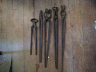 PAIR OF ANTIQUE BLACKSMITH TONGS,ALL DIFFERENT,HAND FORGED  