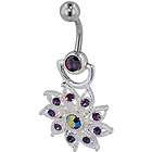 PUGSTER BELLY BUTTON RING PURPLE CRYSTAL SUMMER FLOWER DANGLE W00