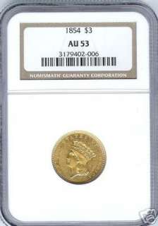 1854 $3 Gold NGC AU 53  
