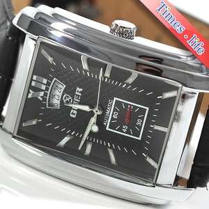 Rectangle Mens Automatic Mechanical Fashion Black Wirst Watch Date 