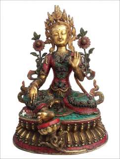   Goldplated Double Lotus Copper Especial Green Tara Statue Nepal  