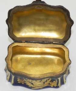   COBALT BLUE TRINKET BOX HANDPAINTED AND GILDED SHAPED C1880  