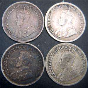 1913 1918 1919 1920 Canadian Silver Five Cents   All 4 Coins / 1 Lot 