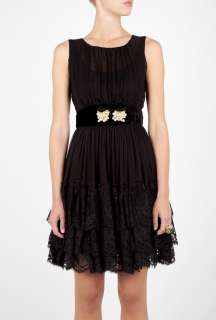 Black Silk Chiffon Tiered Lace Hem Dress by D&G