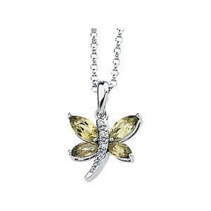  14 Karat White Gold Peridot & Diamond Dragonfly Necklace 