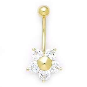   14k Yellow Gold Cubic Zirconia Five Petal Flower Belly Ring Jewelry