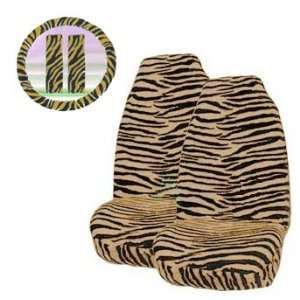 Brown Zebra Tiger Print Front Bucket Seat Cover, Steering Wheel Cover 