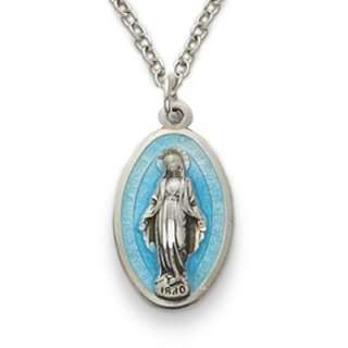 Holy Silver Blue Virgin Mary Miraculous Medal Necklace  