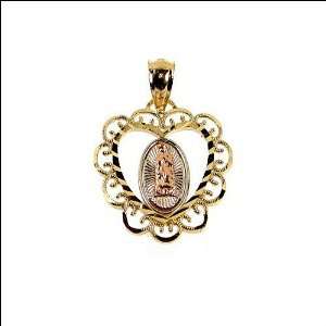14k Tricolor Gold, Virgin Mary Guadalupe Heart Pendant Charm 19mm Wide