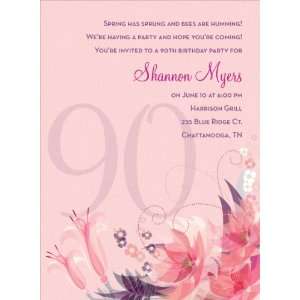   Retro Floral Pink 90th Milestone Birthday Invitations 