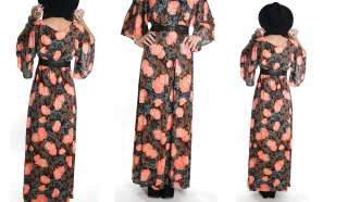 Vtg 70s Floral Boho Hippie Angel Slv Ethnic Novelty Trees Kimono Maxi 