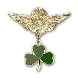   Baby Badge with Shamrock Charm and Angel w/Wings Badge Pin Jewelry